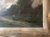 Corner detail of a 19th-century painting showing a traveler and its reclaimed wood frame.