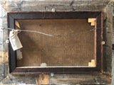Back of the 19th-century painting, showing aged canvas, stretcher bars, and reclaimed wood frame.