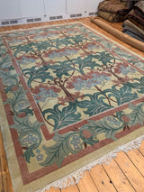 Curvilinear arts and crafts floral and tree design in dusty ocean green, faded raspberry, and beige.