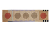 Vintage Contemporary Kilim runner features abstract circles and geometric patterns in sand, red, and lavender.