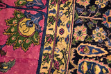 Intricate floral bouquets and vine borders in rich magenta, navy blue, and forest green.