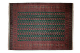 Vintage Fine Bokhara carpet with emerald green, rust, navy, and ivory elephant's footprint medallions, 10'4