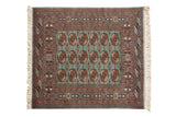 Vintage Bokhara square rug, hand knotted, with dusty blue, copper, navy elephant's footprint medallions, 4' x 4'5
