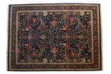 Vintage Indian Bijar carpet with an allover tree of life pattern in red and ivory on a navy blue background.