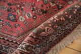 Vintage hand-knotted Persian Abadeh rug fringe with coffee brown edge and patterned border.
