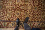 A detailed view of the Indian Bijar design carpet's full wool pile and floral latticework.