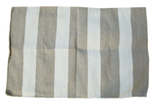Handmade modern rectangular rug mat with cream and tan vertical stripes, woven recycled PET, 2' x 3'.