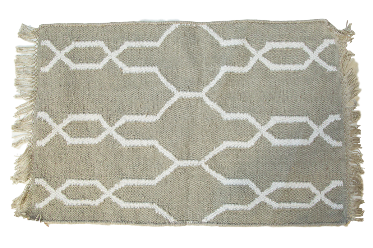 Bo Collection rug, light sage green with white geometric trellis pattern, 2' x 3' mat.