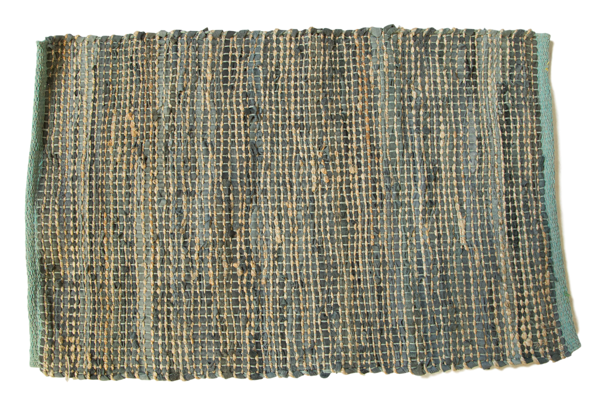 Handwoven Clay rug with chunky dark grey-green recycled leather and natural jute texture, 2' x 3'.
