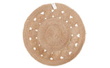 Hand-woven round jute rug with concentric circles pattern, natural subtly grayed patina.