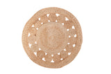 Natural hand-woven round jute carpet with concentric circles and decorative border, 3 foot.