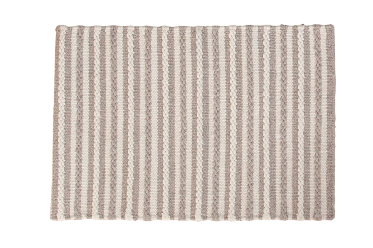 Hand-woven undyed wool rug with gray and white textured vertical stripes, 2' x 3'.
