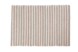Hand-woven undyed wool rug with gray and white textured vertical stripes, 2' x 3'.