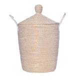 Handwoven minimalist lidded storage basket, natural beige and white seagrass, 25 inches tall.