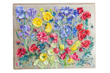 Vintage 3D flower art, hand-painted layered blue, red, yellow blooms, in acrylic.