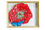Maria Jarreau Heller 3D art: dark pink flower, blue butterfly, gold frame.