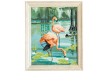 Faded vintage Paint by Numbers painting of two pink flamingos, 19x23 inch framed.