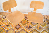Vintage Thonet style chairs with warm wood grain, on a vibrant geometric patterned rug.