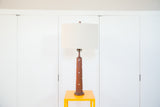 Vintage Martz Teak Lamp, off-white shade, sleek wooden base with pearly inlaid dots.