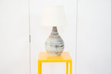 Mid Century Modern Martz table lamp, handmade ceramic base with swirling blues and grays.
