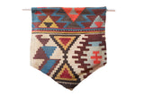 Antique Turkish Kilim rug flag, geometric design in red, blue, brown, yellow, and cream.