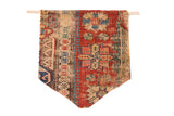 Late 19th century Caucasian Soumac rug fragment flag, geometric patterns, red, beige, blue.