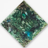 Original abstract painting by Rotem Reshef featuring layered green, black, and blue organic textures.
