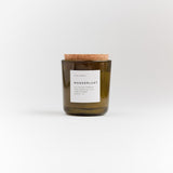Wanderlust Soy Candle, 8 oz dark green recycled glass jar, natural cork lid.