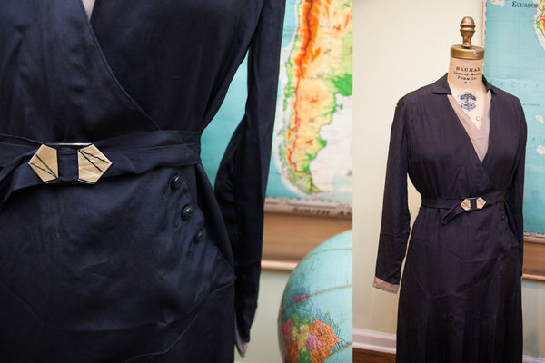 Vintage 1920s Navy Blue Day Dress // Art Deco Belt // Plus Size // Large // ONH Item 1673