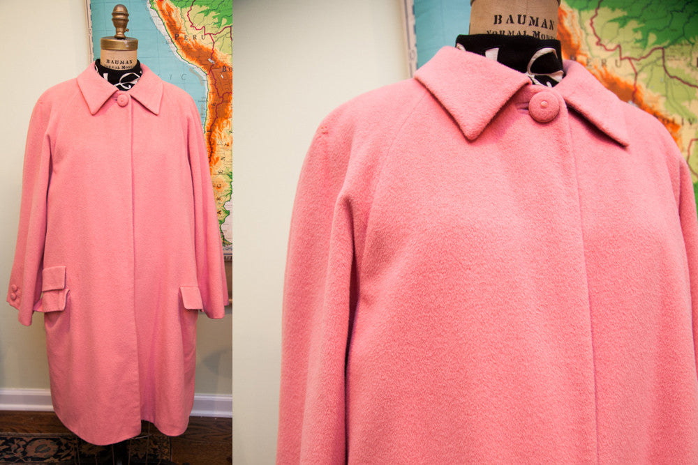 Vintage 90s Versace Couture pink wool coat with a high single-button closure and front flap pockets.