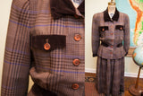 Vintage Miss O Oscar de la Renta brown plaid two-piece dress with velvet trim.