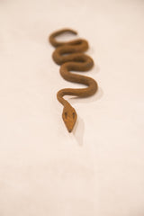 Close-up of a vintage iron snake's head, highlighting its handmade, textured surface.