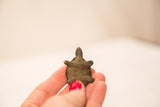 Handheld vintage bronze Ashanti turtle gold weight with aged green patina.
