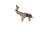 Mini vintage African handmade bronze elephant sculpture with aged patina, trunk raised.