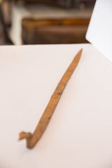 Hand-forged iron texture and aged rust patina on vintage snake sculpture's end.