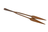 Vintage African iron double headed spear tip with rustic reddish-brown patina, 17 inches long.