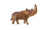 Vintage African medium bronze rhino sculpture with a textured, rustic brown finish.