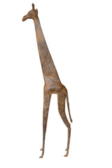 Full profile of a vintage African bronze giraffe with a patterned, oxidized surface.