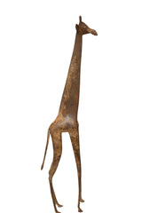 Vintage African bronze giraffe sculpture with a slender, stylized form and a mottled, aged patina.