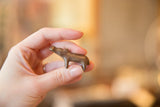 Vintage mini copper hippo held to show its small scale and handmade texture.
