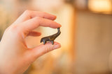 Miniature dark bronze elephant held between fingers to illustrate its small scale.