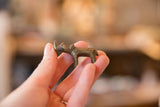 The small bronze rhino figurine held between fingers to show its scale.