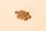 Three-quarter view of a vintage cast bronze turtle pendant with raised floral details.