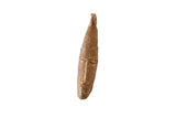 Vintage African bronze tribal mask pendant with an elongated shape and textured linear surface.