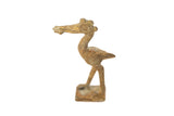 Collectible vintage African bronze crowned stork sculpture holding a fish, rich patina finish.