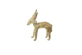 Vintage African bronze impala sculpture with a textured body and oxidized green patina.