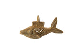 Vintage African bronze fish pendant with a rustic mesh cutout and aged patina.
