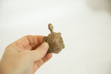 Vintage African bronze turtle held in hand, showing textured back shell with spiral design.
