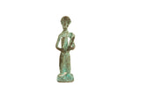 Stylized vintage African farmer figurine in oxidized copper with a mottled green and brown patina.