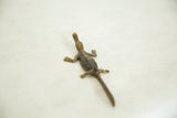 Overhead view of a vintage bronze crocodile showing its textured back and elongated form.
